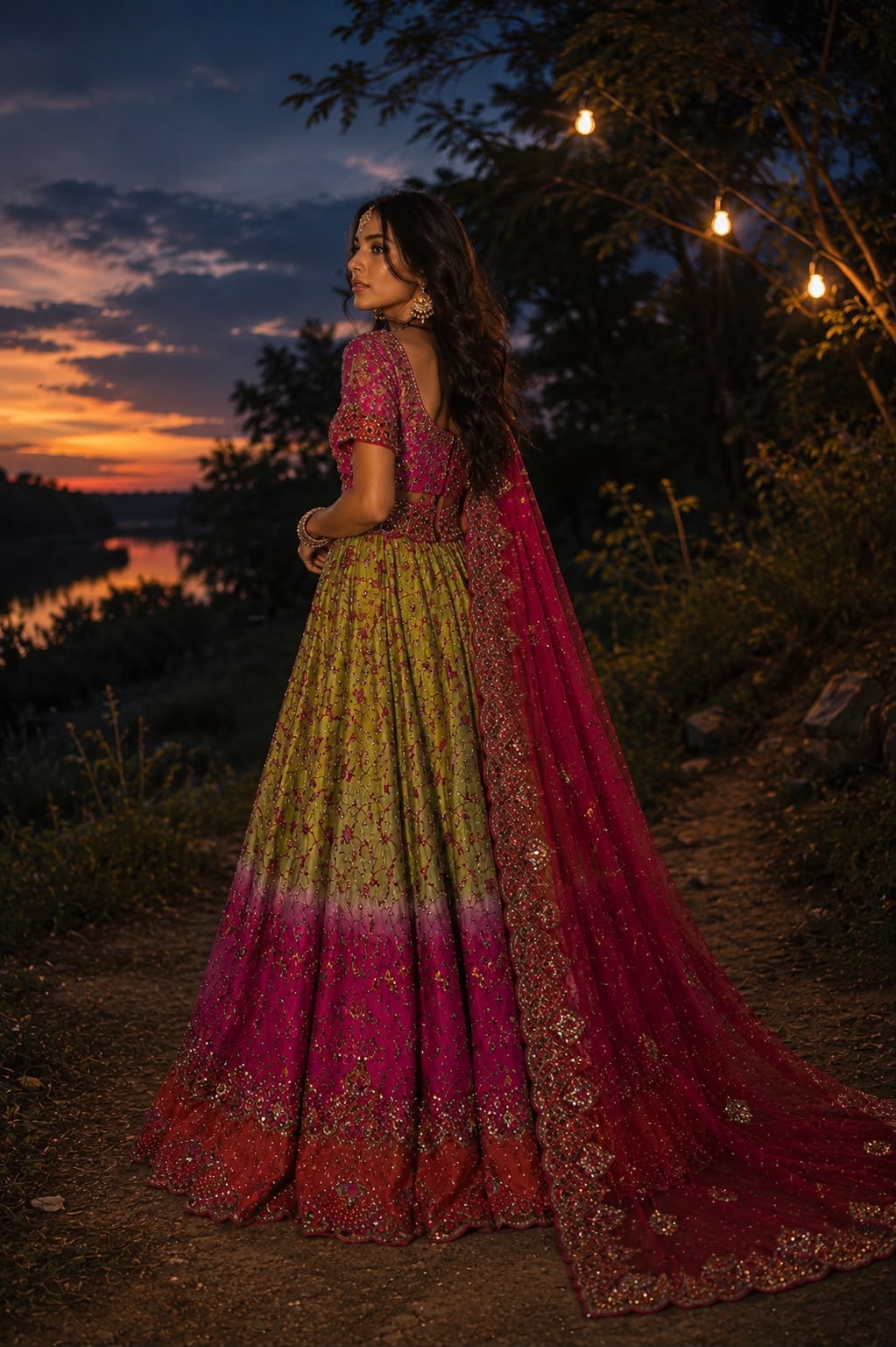 A crimson bridal lehenga skirt spinning to reveal gold gota patti work.