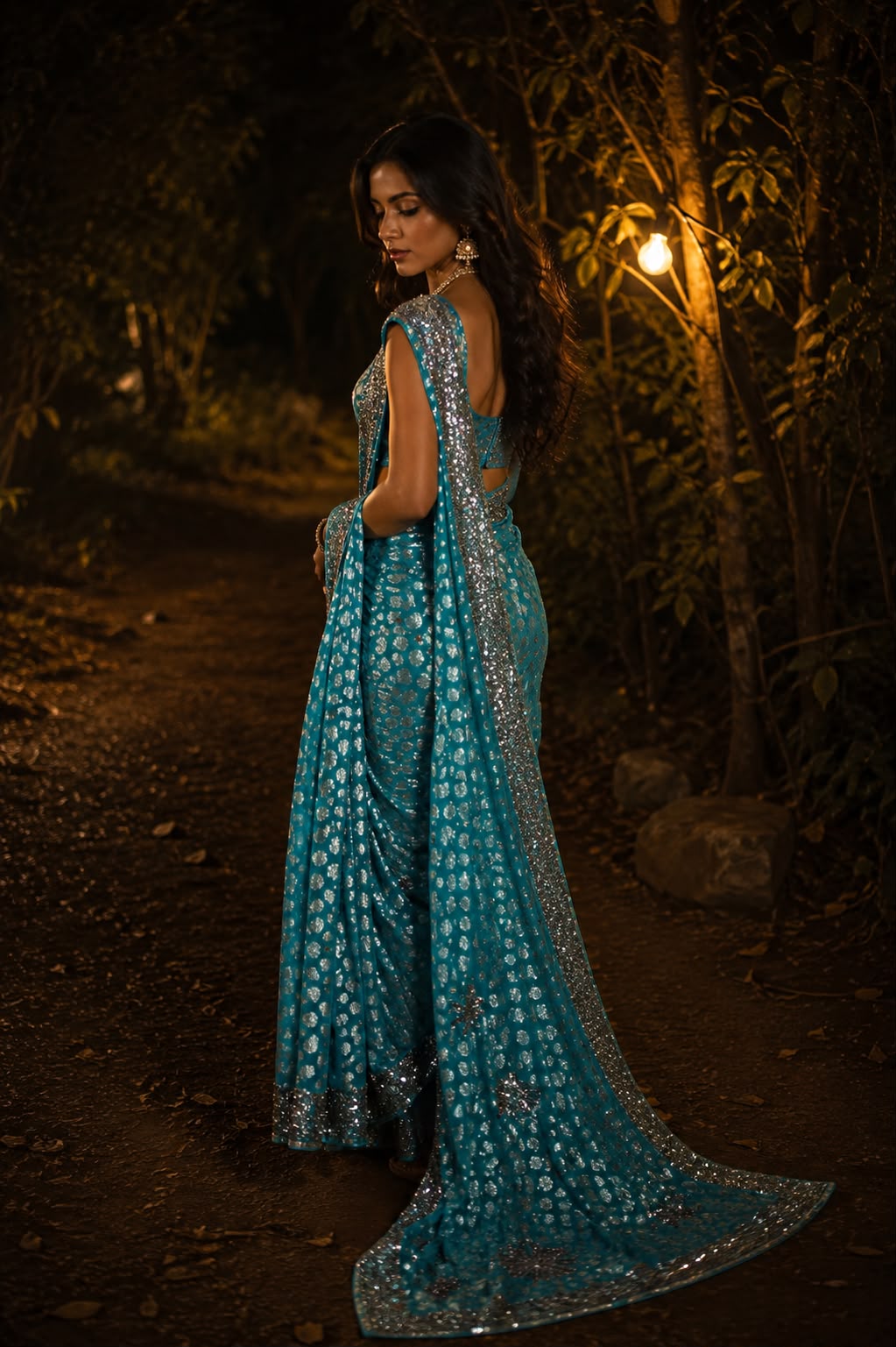 Emerald heirloom silk saree with a fine woven border, in soft light.
